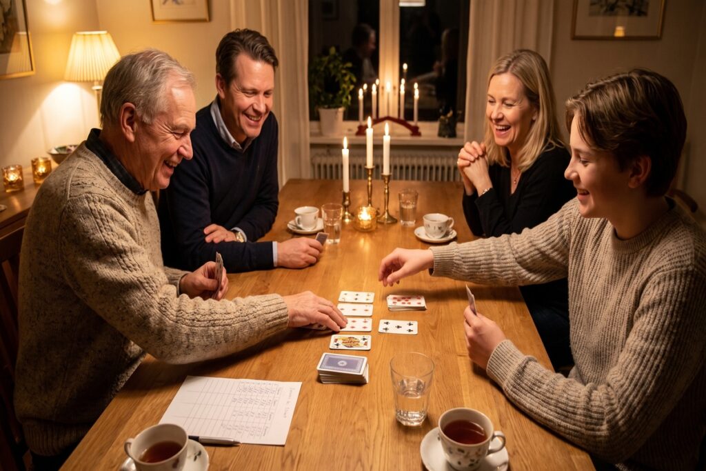 Familj spelar gin rummy 15 omgångar med två kortlekar runt matbordet