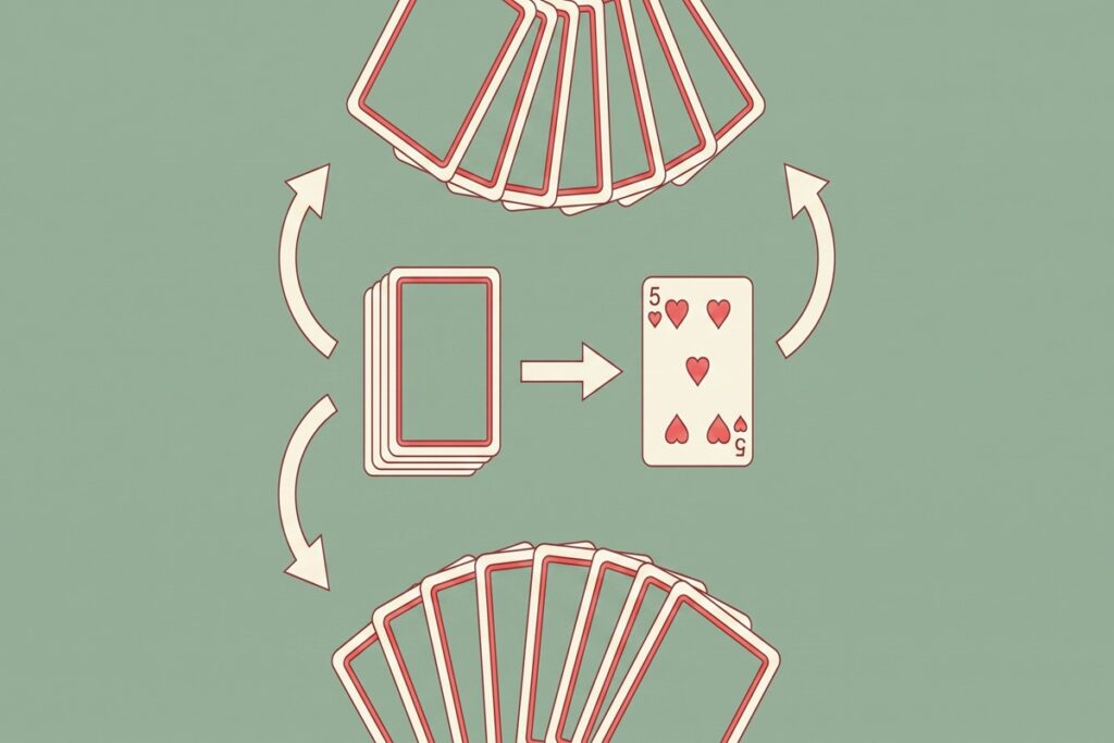 Diagram som visar given i gin rummy med draghög och kasthög för två spelare
