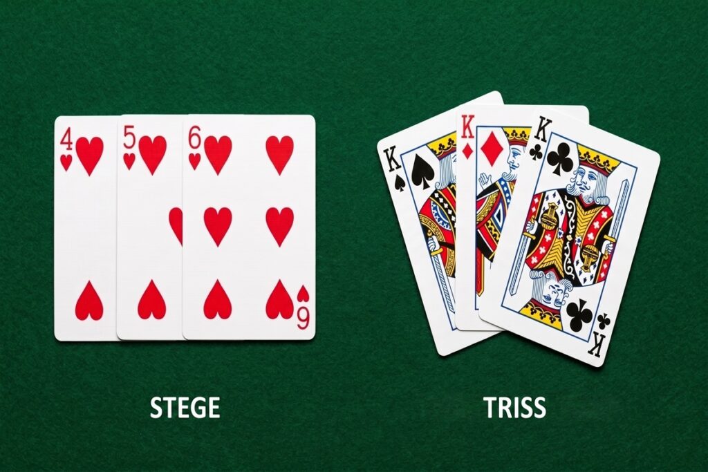Exempel på stege och soffa i gin rummy med hjärterstege och tre kungar